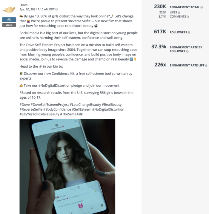 Best of beauty social media post from Dove featuring their Reverse Selfie campaign video