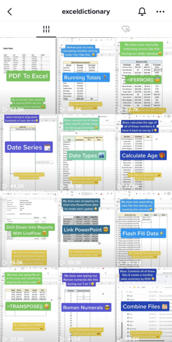 TikTok creator Excel Dictonary displays clear and visual labels across her videos which is a top TikTok best practice.