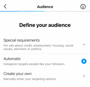 Define your audience for a boosted post on Instagram