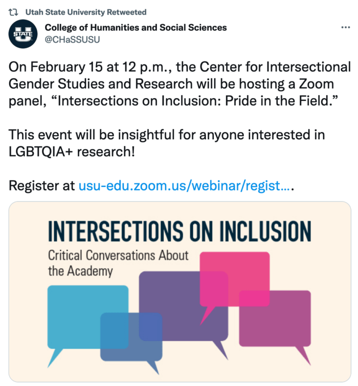 Retweet from USU about a panel on intersectionality and inclusion