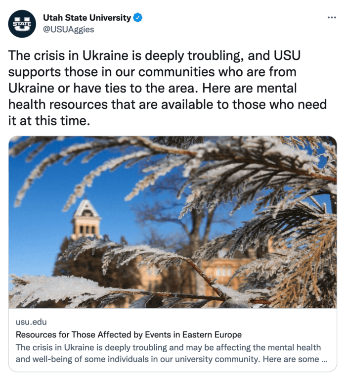 USU addressing the Russia-Ukraine war in a tweet that shares mental health resources for those who need it