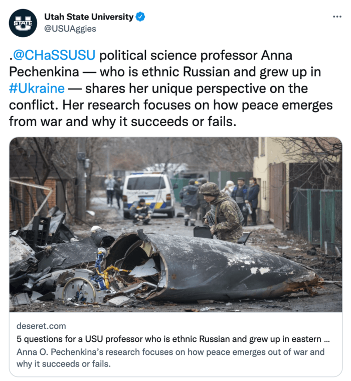 USU Tweet from sharing Professor Anna Pechenkina's research focusing on the Russian war 