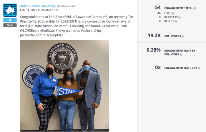 ISU's tweet congratulating the winner of the President's Scholarship award