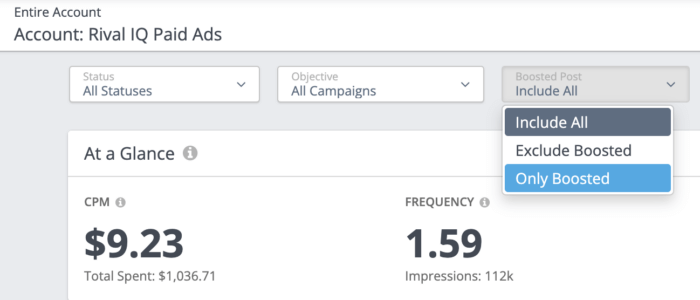 Rival IQ allows you to filter results for boosted posts on Instagram.