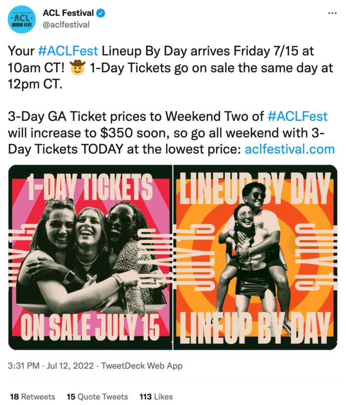 A tweet from ACL festival that uses the hashtag ACL Fest is an example of a campaign hashtag.