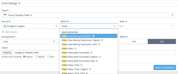 Instagram videos in custom dashboards in Rival IQ