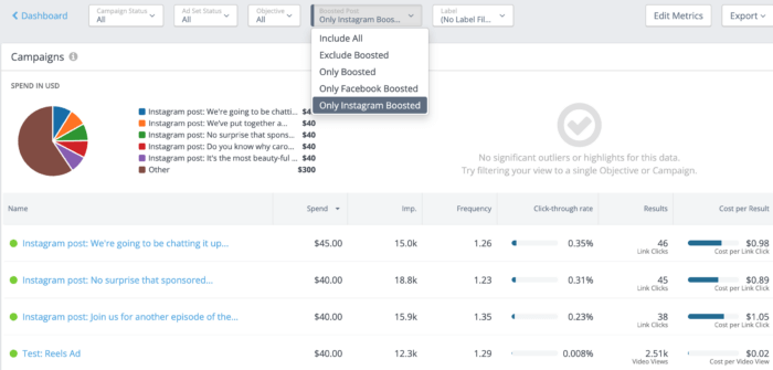 Filtering down to only boosted Instagram posts in Rival IQ