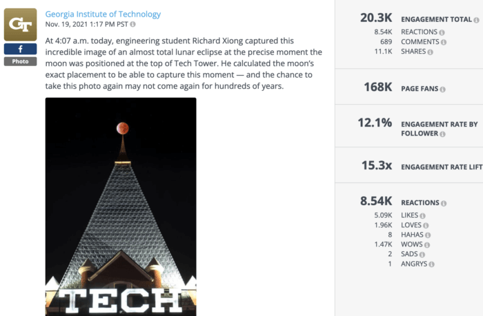 Facebook photo from Georgia Tech featuring an incredible shot of the moon on campus is an example of strong higher education social media