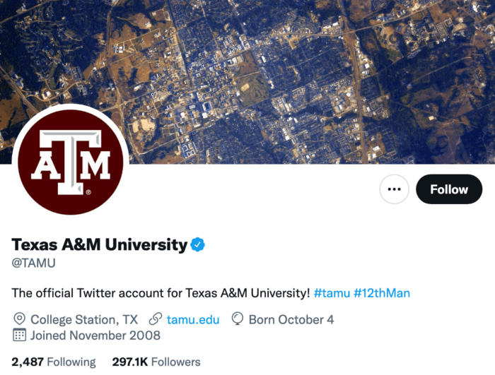 Texas A&M University's Twitter bio displays their branded hashtag 12th Man.