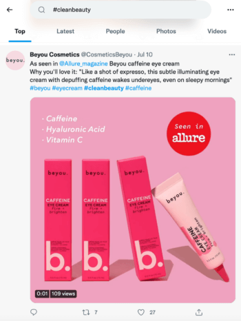 Search results for the Twitter hashtag clean beauty display tweets from beauty brands like Beyou Cosmetics.