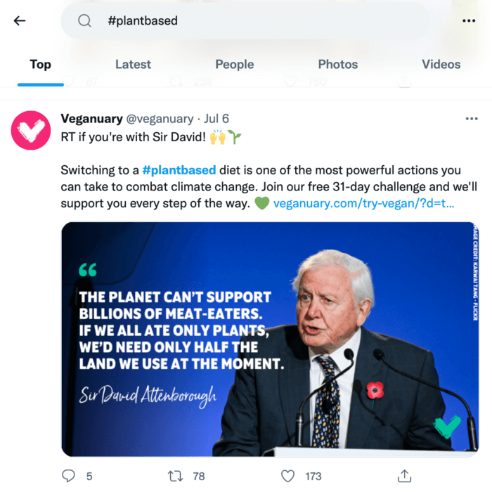 A search for the hashtag plant based is an example of how brands can use Twitter to search for relevant hashtags.