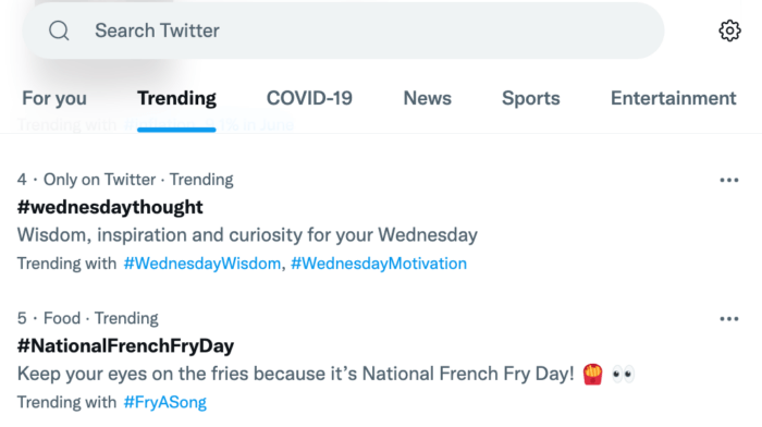 Users can find trending hashtags and topics in Twitter's hashtag analytics.
