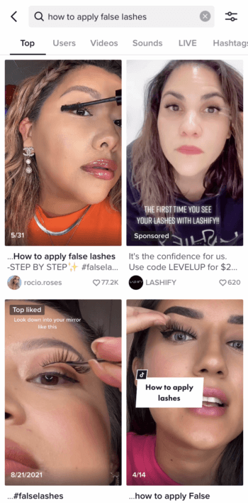 TikTok search results for "how to apply false lashes" show that educational and how-to videos are a top TikTok marketing trend.