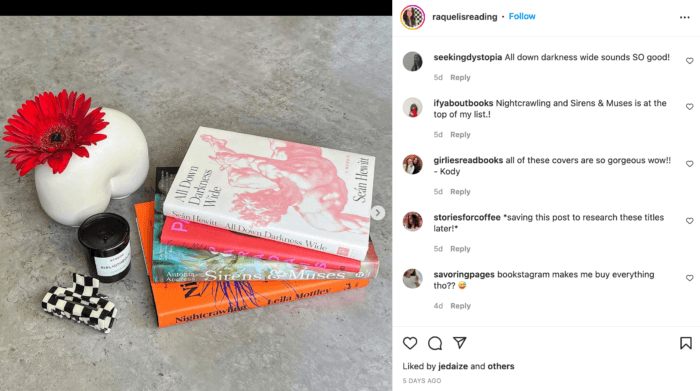 A styled image of a stack of books from a micro influencer in the book niche.