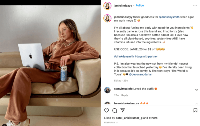 Micro influencer Jamie Lindsay sits on a couch with a laptop and a can of Daysmith Coffee, which is an example of a well-aligned partnership for Daysmith's micro influencer marketing strategy.