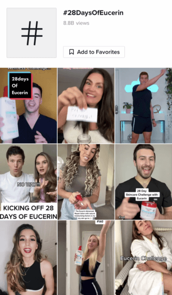 The search results from the hashtag 28 days of Eucerin, a branded hashtag challenge from skincare brand Eucerin.