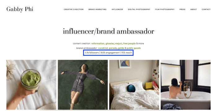 Micro influencer Gabby Phi's influencer page on her website displays her social media engagement rates.