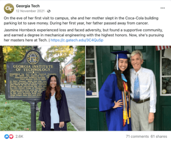 A side-by-side Facebook post of Jasmine with her father before his death and one of her graduation picture tells a very emotional story