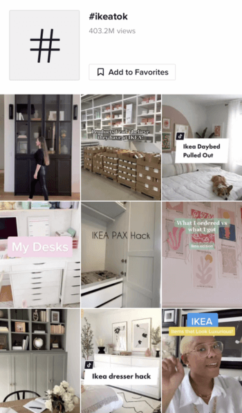 Search results for the hashtag IKEA Tok which is a niche on TikTok dedicated to IKEA hacks and finds. Tapping into niches like this is a top TikTok marketing trend to follow.