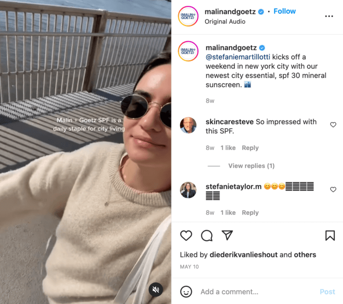 An example of Malin and Goetz's micro influencer marketing strategy featuring an influencer who created a day in the life video in partnership with the brand.