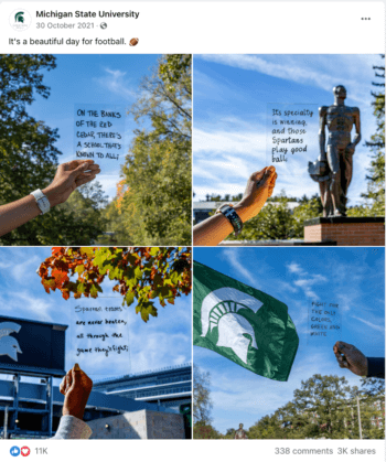 4-photo grid with different shots of a beautiful day over MSU and an overlay of words 