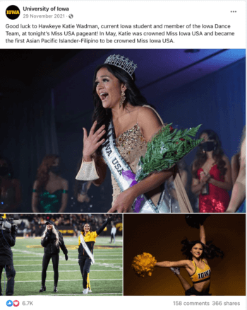 Miss IOWA USA Katie is beyond excited as she wins the crown. The football team and cheerleaders celebrate her achievements on the field in front of all the Hawkeyes.