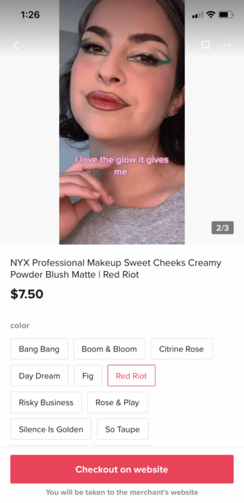 A product page featuring user-generated content on NYX Cosmetics' TikTok shopping tab.