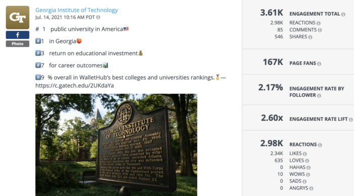 Facebook photo from Georgia Tech featuring a campus plaque is an example of strong higher education social media