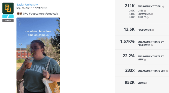 TikTok from Baylor about free time on campus was a popular example of higher education social media this year