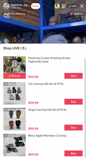 The live shopping tab from TikTok user Highland Crystals makes it easy for Live viewers to shop instantly.