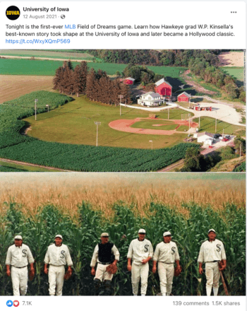 Aerial shot of the University of Iowa campus from the eighties as MLB team memebrs get ready to head to the field in their uniforms