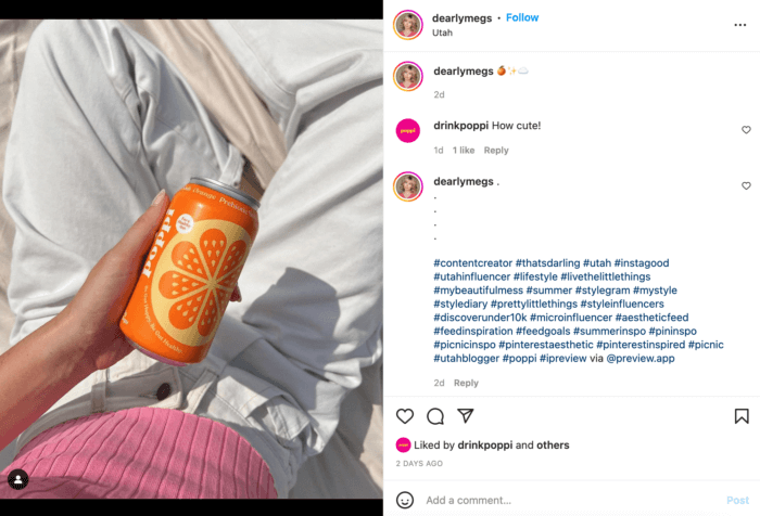 An Instagram image of a potential micro influencer holding a can of DTC beverage brand Poppi.