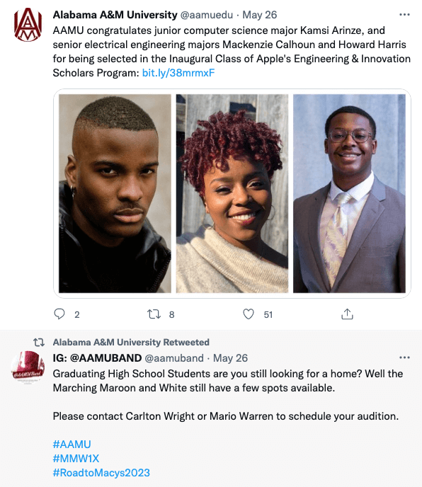 Another top university on Twitter is Alabama A&M University. A snapshot of the school's Twitter feed shows how active and engaged AAMU is.