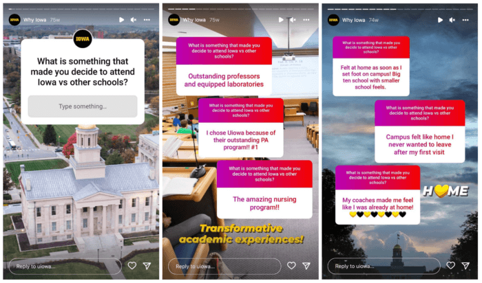 The 'Why Iowa' Highlight showcases a Question Sticker asking followers - What is something that made you decide Iowa?. The Story frames share all the responses against fun University of Iowa backgrounds