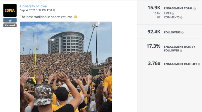 Post from University of Iowa featuring the Hawkeye Wave is one of the best college Instagram posts of the year