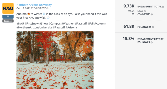 Post from North Arizona University featuring fall leaves and snowfall on campus is one of the best college Instagram posts of the year