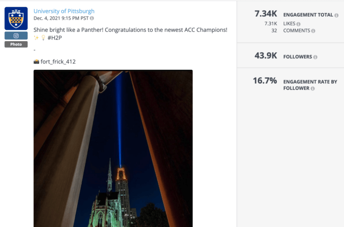 Post from University of Pittsburgh featuring its beautiful campus at night was one of the best college Instagram posts of the year