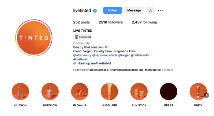 The Instagram Stories highlights in Live Tinted's Instagram bio showcase its skincare product lineup.