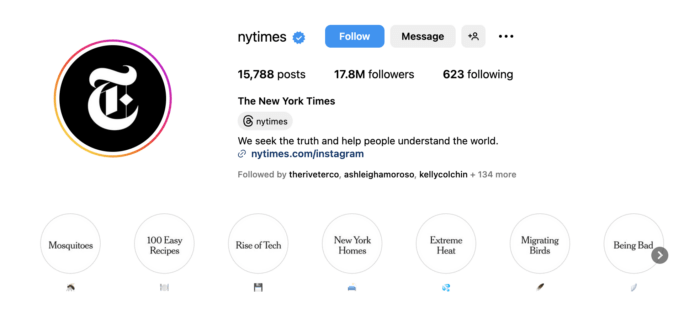 The Instagram bio for The New York Times includes Instagram Story highlights with text-heavy covers and emoji titles.