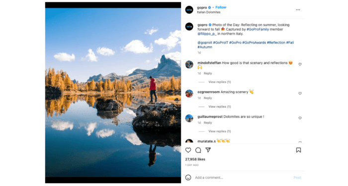 Photo post of mountains reflecting in a lake from GoPro is a good example of maximizing Instagram reach