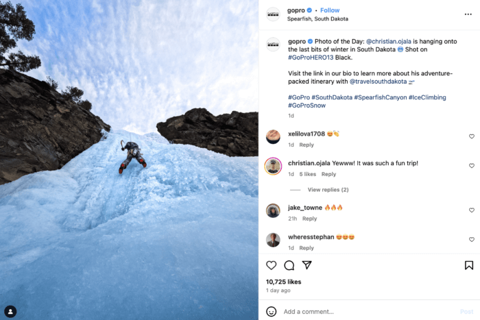 Ice climbing post from GoPro is a good example of increasing Instagram reach