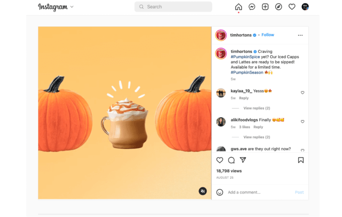 An eye-catching Instagram video featuring a carousel of pumpkin spiced beverages with pumpkins on either side 