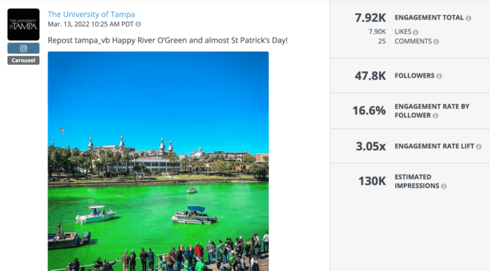 University of Tampa reposted a photo of local river dyed green