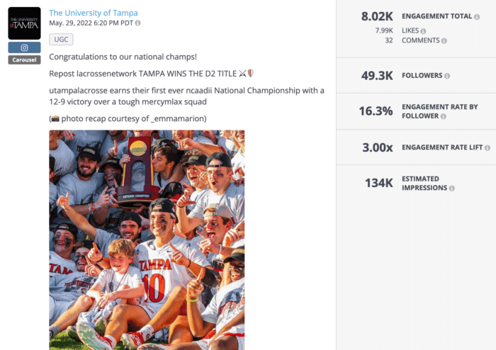 Victory shot from UT featuring their winning lacrosse team is an example of great higher educational social media