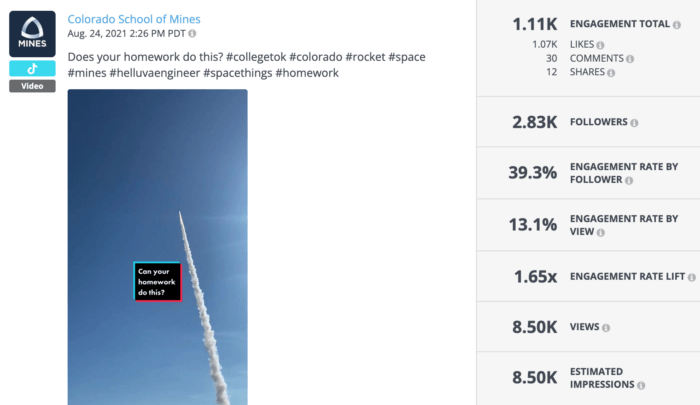 TikTok video from Colorado School of Mines featuring a rocket launch