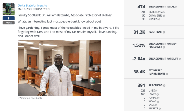 Faculty spotlight Facebook post from Delta State University featuring a professor in a biology lab