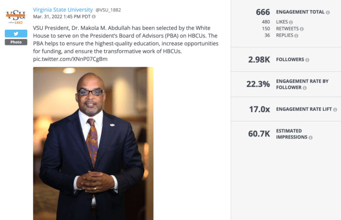 Tweet from Virginia State University congratulating the VSU president on being named to the President's Board of Advisors on HBCUs.