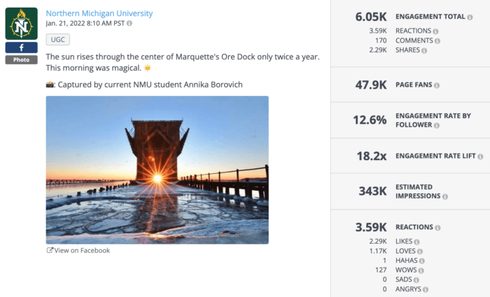 Sunrise on Northern Michigan University's Ore Dock is an example of great higher education social media