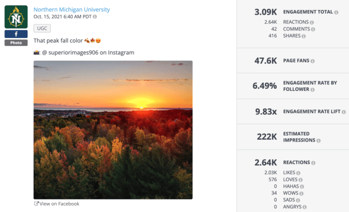 Facebook post from NMU featuring the sun setting over the trees on campus at golden hour is a great example of higher education social media