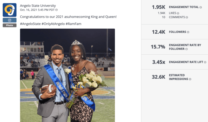 Instagram photo from Angelo State University featuring the 2021 homecoming king and queen